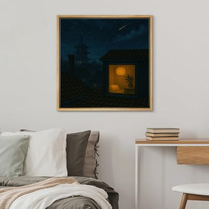 SIGNWIN Framed Canvas Print Wall Art Zen Rooftop Lantern Night Serene Asian-Inspired Illustrations Fine Art Farmhouse/Country for Living Room, Bedroom, Office - 16"x16" NATURAL - color: BS18-2507-SAR14, size: 16L" x 16W"