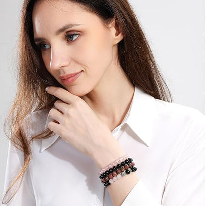 Fengling 4 PCS Beaded Crystal Bracelet for Women 8mm Natural Gemstones Handmade Bracelet for Girls Healing Stretch Bracelets Crystal Jewelry for Women Gifts - color: Pink Crystal&Black Thread Rhodochrosite &Pure Black obsidian