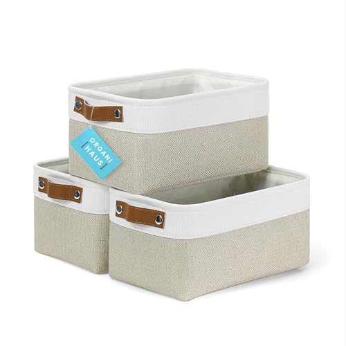 OrganiHaus 12x8in Canvas Storage Baskets 3 Pack | SMALL Fabric Bins for Shelves | Pantry & Bathroom Organizer | Beige/Off-White - color: Beige / Off-White, size: Small - 3pc