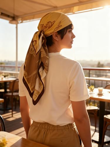 35" Head Scarf Large Square Scarf Like Cotton Hairscarf Fashion Scarves Bandana Night Sleeping Wraps for Women B01 - color: Beige/Coffee Tulips