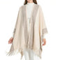 ZLYC Women's Shawl Golden Trim Knit Blanket Wrap Fringe Poncho Coat Cardigan - color: White