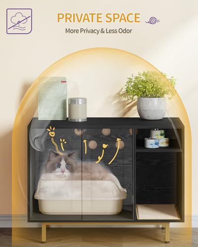 Hzuaneri Cat Litter Box Enclosure,Hidden Litter Box Furniture with Storage, Large Wooden Cabinet with Sisal Mat, Modern Cat Washroom for Living Room, Bedroom, Entryway, Black and Gold CB01504G - color: Black and Gold