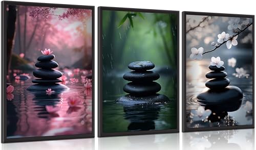 INADIKEIN 3pcs Zen Stone Wall Art Modern Zen Bathroom Wall Decor Meditation Spa Stone Poster Green Bamboo Lotus Printed Artwork for Yoga Meditation Spiritual Room Bathroom Unframed - color: poster, size: 16L"×12W"