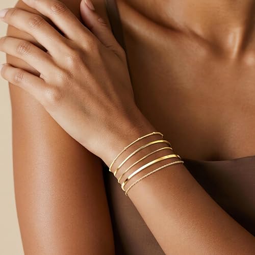 Dainty Gold Bracelet for Women Stack, Thin Bracelets Stackable Set with Bangle Cuff, Box, Herringbone, Paperclip, Figaro, Sparkling Link Chains Waterproof, Simple Jewelry Gifts for Women Non Tarnish - color: style 01-gold