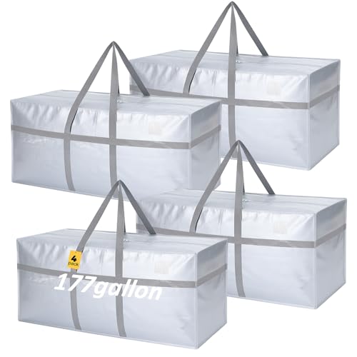4 Pack 177 Gallon Extra Large Moving Bags XXL Heavy Duty Storage Bag with Strong Zipper Handle Jumbo Big Tote Box Foldable for College Dorm Travel Clothes Duffle Blanket Pillow(Silver) - color: Silver, size: 177 Gallon