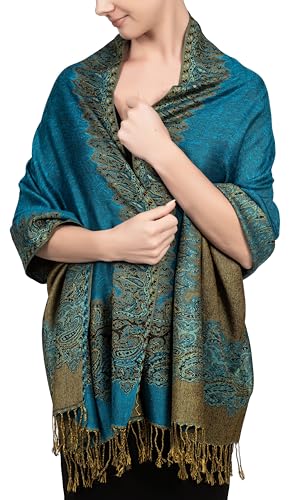 Achillea Reversible Paisley Pashmina Rave Scarf – Exotic Indian Shawls and Wraps for Evening Dresses, Festivals, All Seasons - color: Border Turquoise