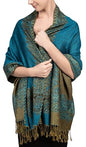 Achillea Reversible Paisley Pashmina Rave Scarf – Exotic Indian Shawls and Wraps for Evening Dresses, Festivals, All Seasons - color: Border Turquoise