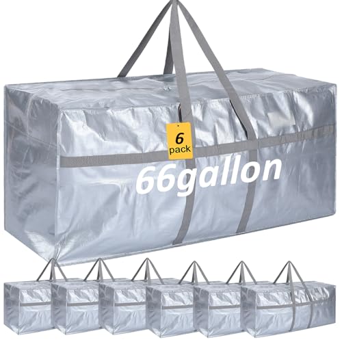 6 Pcs 66 Gallon Extra Large Moving Bags Heavy Duty Storage Bag with Strong Zipper Handle Foldable XXL Jumbo Storage Tote Packing Moving Box for College Dorm Travel Cloth Duffle (Silver) - color: Silver, size: 66 Gallon