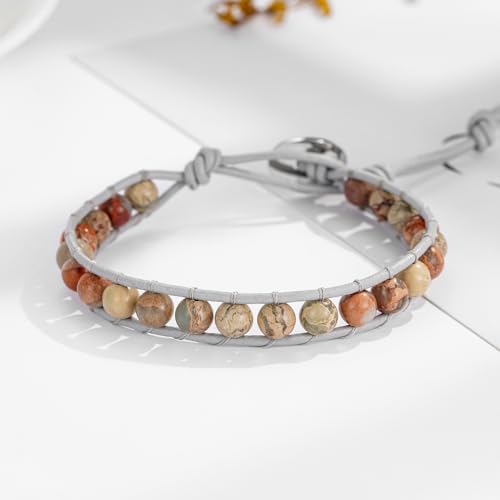 Plumiss Women Boho Handmade Natural Stone Crystal Leather Bead Wrap Bracelets Collection - style: 6mm Agalmatolite 1W