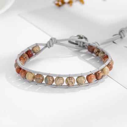Plumiss Women Boho Handmade Natural Stone Crystal Leather Bead Wrap Bracelets Collection - style: 6mm Agalmatolite 1W