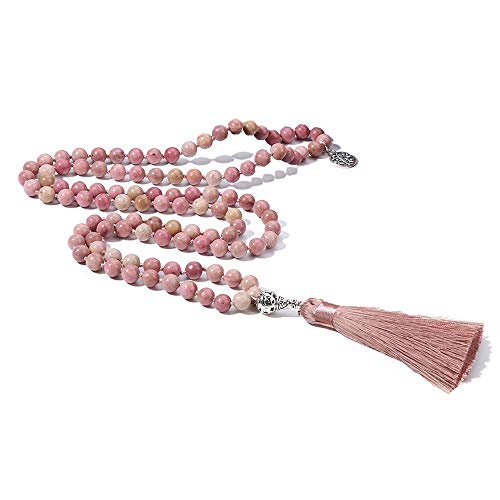 108 Mala Beads Necklace Semi-Precious Gem Stones Meditation Necklace 108 Hand Knotted Japa Mala Beaded Tassel Necklace with Tree of Life Pendant - color: Natural Rhodonite