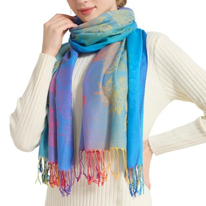 Rave Pashmina Scarf, Fashion Colorful Shawls and Wraps Soft Festival Scarves - color: C-peacock Blue (Flower Pattern)