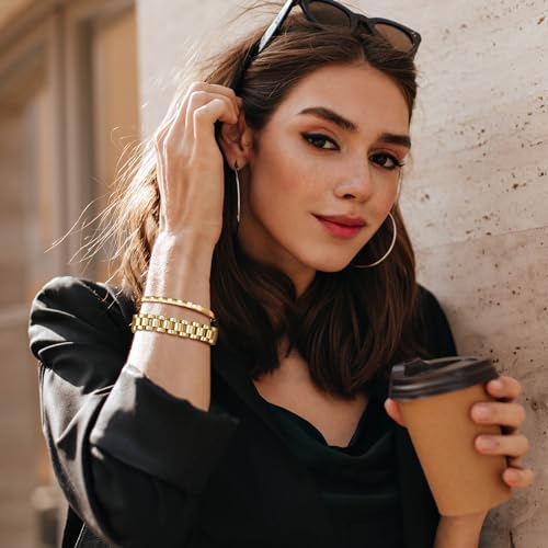MPRAINBOW 2pcs 18K Gold Plated Chain Link Bracelet, Stainless Steel Crystal Friendship Bracelets Bangle,Watch Band Chains Wristband Jewelry with Adjust Tool - color: Gold Set - H