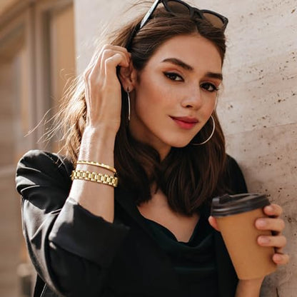 MPRAINBOW 2pcs 18K Gold Plated Chain Link Bracelet, Stainless Steel Crystal Friendship Bracelets Bangle,Watch Band Chains Wristband Jewelry with Adjust Tool - color: Gold Set - H