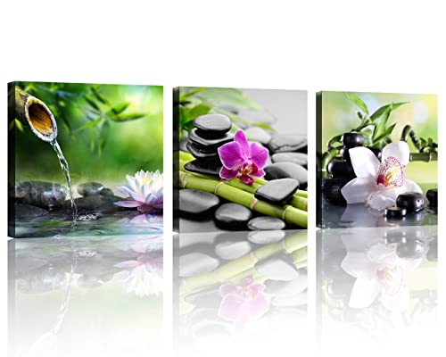 TutuBeer Zen Art 3 Panels Spa Decor Green Bamboo Decor Pink Flowers Picture Canvas Painting Print on Canvas for Home Decoration Zen Wall Art Spa Wall Art Stretched and Framed Each Panel 12x12inch - color: Spa Stone with Flowers, size: 12x12inchx3