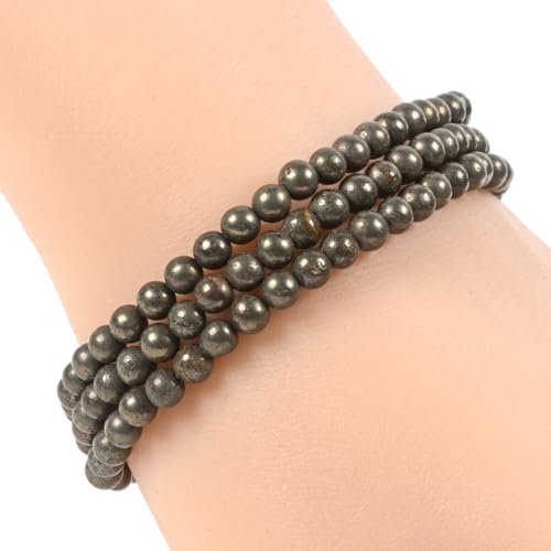 Justinstones Gem Semi Precious Gemstone 3pcs 4mm Round Beads Stretch Bracelet 6.5 Inch Unisex - color: Pyrite