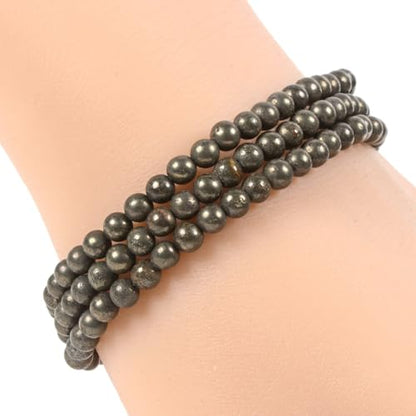 Justinstones Gem Semi Precious Gemstone 3pcs 4mm Round Beads Stretch Bracelet 6.5 Inch Unisex - color: Pyrite