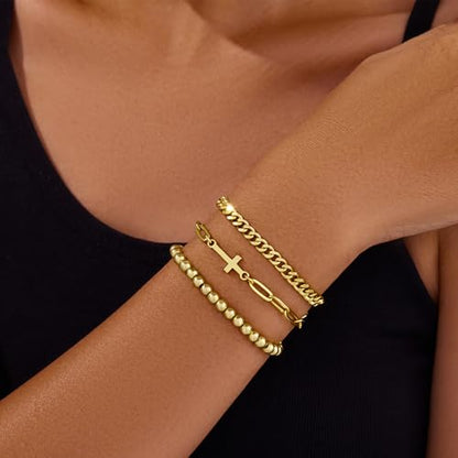 3mm Diamond Classic Tennis Bracelet for Women Dainty, Gold Jesus Cross Bracelets Trendy, 14K Gold Plated Heart/Evil Eye/Pearl/Starfish & Seashell Charm Bracelets for Women Bulk - style: Cross Beaded Cuban-Gold