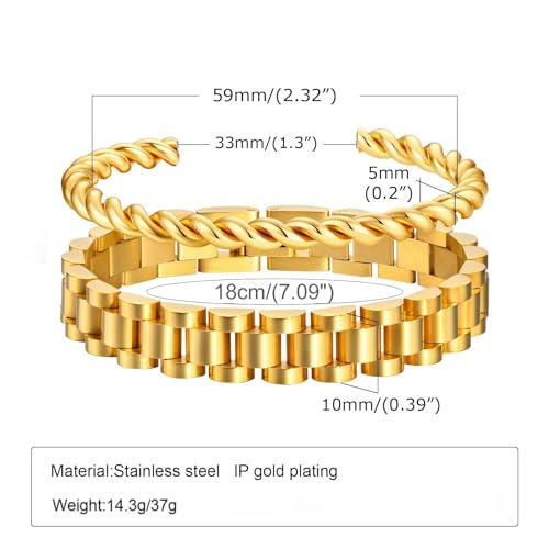 MPRAINBOW 2pcs 18K Gold Plated Chain Link Bracelet, Stainless Steel Crystal Friendship Bracelets Bangle,Watch Band Chains Wristband Jewelry with Adjust Tool - color: Gold-set B