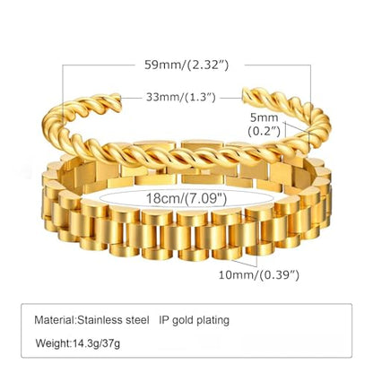 MPRAINBOW 2pcs 18K Gold Plated Chain Link Bracelet, Stainless Steel Crystal Friendship Bracelets Bangle,Watch Band Chains Wristband Jewelry with Adjust Tool - color: Gold-set B