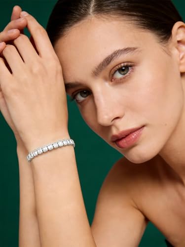Birthstone Bracelets for Women, Sterling Silver Tennis Bracelets Emerald Cut Bezel Set with Adjustable Chain, Elegant Anniversary, Birthday or Valentine's Day Gift - color: 04-Apr-Simulated Diamond