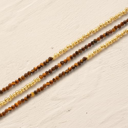 Women Beaded Bracelet Gold Double Layer Gemstone 14K Simple Dainty Handmade Chain Everyday Boho Beach Jewelry - style: Tiger's Eye