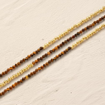 Women Beaded Bracelet Gold Double Layer Gemstone 14K Simple Dainty Handmade Chain Everyday Boho Beach Jewelry - style: Tiger's Eye