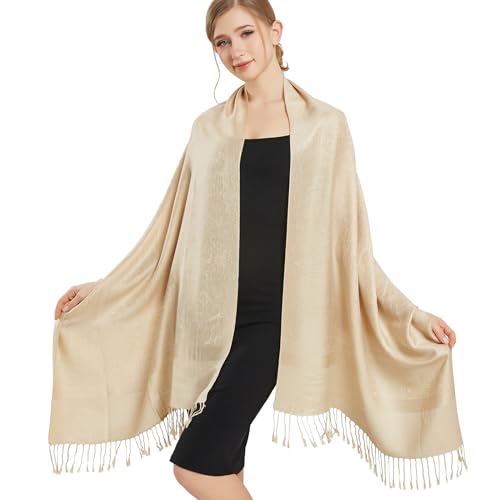 Silky Paisley Pashmina Shawl Scarf-Women's Soft Double-side Jacquard Pashminas Wrap for Evening Dress Travel Shawl - color: A-champagne Gold