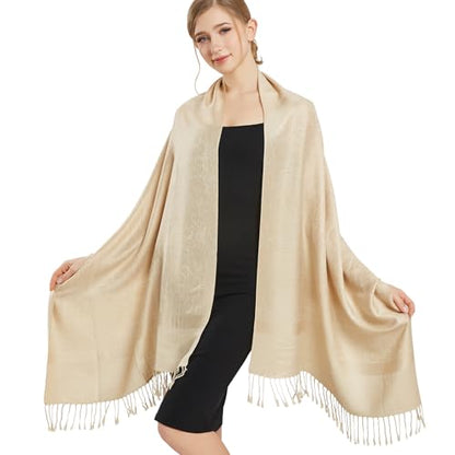 Silky Paisley Pashmina Shawl Scarf-Women's Soft Double-side Jacquard Pashminas Wrap for Evening Dress Travel Shawl - color: A-champagne Gold