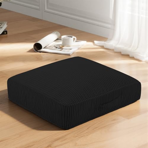 Floor Pillow for Adults, 4" Square Floor Cushions with Washable Cover, Large Corduroy Meditation Pillow, 22 inches Tatami Seat with Handle for Living Room or Yoga, Black - color: Black, size: 22x22x4.2 inch