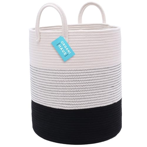 OrganiHaus Large Black & White Woven Laundry Basket w/Handles 52L, Rope Dirty Clothes Hamper, Blanket Basket for Living Room, Baby Laundry Hamper for Nursery, Soft & Durable Decorative Organizer Bin - color: 3-toned Black, size: Tall