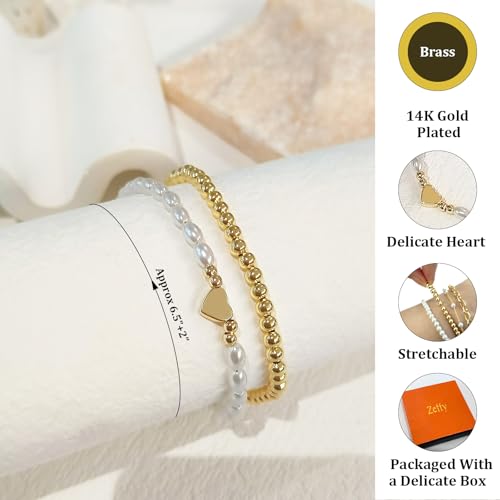 Zeffy Gold Pearl Beaded Bracelet for Women, 14K Gold Plated Jewelry Set With Paperclip Link Chain, Trendy Stack Bracelets - style: 2PCS Heart Beaded Bracelets