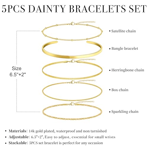 Dainty Gold Bracelet for Women Stack, Thin Bracelets Stackable Set with Bangle Cuff, Box, Herringbone, Paperclip, Figaro, Sparkling Link Chains Waterproof, Simple Jewelry Gifts for Women Non Tarnish - color: style 01-gold