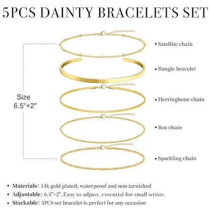 Dainty Gold Bracelet for Women Stack, Thin Bracelets Stackable Set with Bangle Cuff, Box, Herringbone, Paperclip, Figaro, Sparkling Link Chains Waterproof, Simple Jewelry Gifts for Women Non Tarnish - color: style 01-gold