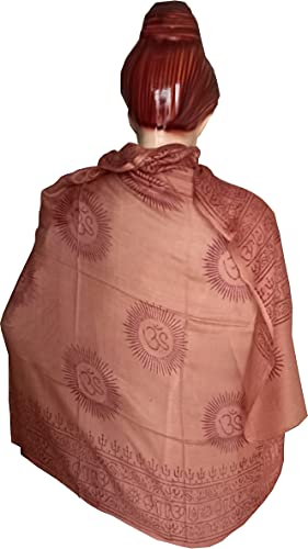 KVR Hindu Pooja Religious Cotton Indian prayer scarf with OM Krishna Ganesha Shiva Nataraja yoga spiritual auspicious prints - color: Brown-om