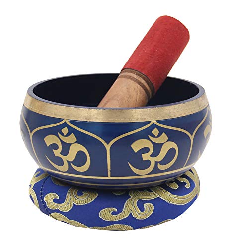DharmaObjects Relaxing Yoga Meditation Om Peace Singing Bowl/Silk Cushion/Rosewood Mallet Set (Medium, Blue) - color: Blue, size: Medium
