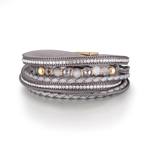 Edoneery Leather Wrap Bracelet for Women, Boho Handmade Multi-Layer Cuff with Crystal Beads Heart, Stackable Bangle Western Jewelry Gift - style: Bead Rhinestone(Grey)