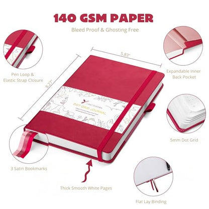 Dotted Journal – 140gsm Bleed Proof Thick White Paper – 200 Numbered Dot Grid Pages – 5.8 x 8.3 inch Bullet Dotted Notebook - color: pink