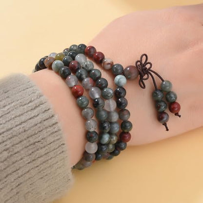 108 Mala Prayer Beads Bracelet 6mm Genuine Gemstone Healing Crystal Stone Beaded Bracelet Buddhist Tibetan Handmade Knotted Elastic Necklace for Yoga Meditation Unisex Women Men - color: African Bloodstone