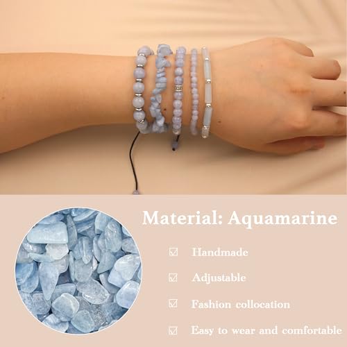 5Pcs Healing Crystal Bracelet for Women Men, Handmade Adjustable Gemstone Bracelets Beaded Reiki Energ Bracelet Set Jewelry Gifts for Women Men - color: Aquamarine