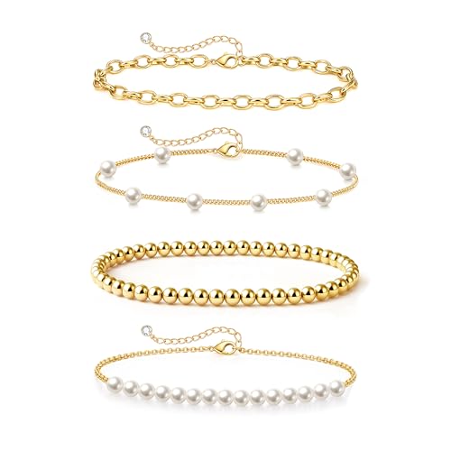 Zeffy Gold Pearl Beaded Bracelet for Women, 14K Gold Plated Jewelry Set With Paperclip Link Chain, Trendy Stack Bracelets - style: 4PCS Gold Pearl Beaded Stackable Bracelets