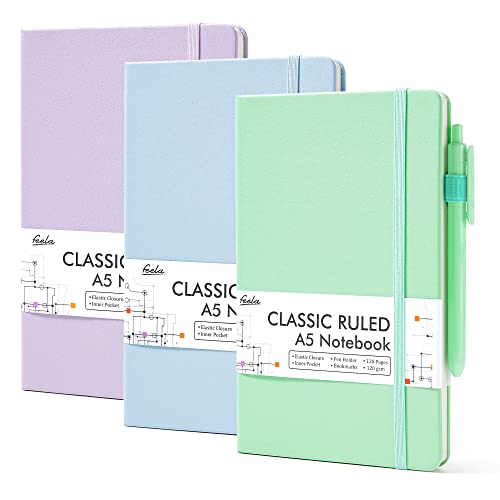 feela 3 Pack Hardcover Notebook For Women, Classic Ruled Lined Journal Set School Business Supplies, with 3 Black Pens, 120 GSM, 5.1”x8.3”, A5, Pastel Colors, Light Blue, Light Purple, Light Green - color: Light Blue, Light Purple, Light Green