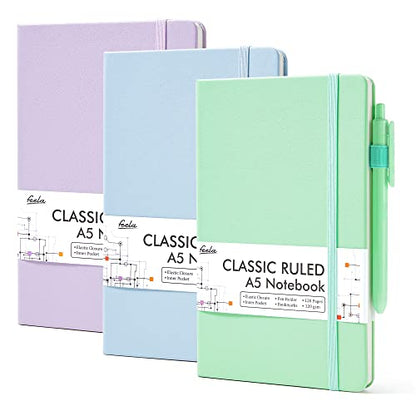 feela 3 Pack Hardcover Notebook For Women, Classic Ruled Lined Journal Set School Business Supplies, with 3 Black Pens, 120 GSM, 5.1”x8.3”, A5, Pastel Colors, Light Blue, Light Purple, Light Green - color: Light Blue, Light Purple, Light Green