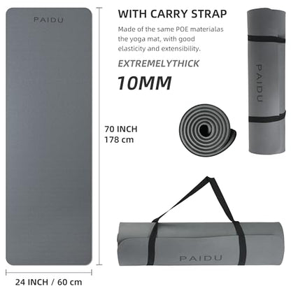 PAIDU Yoga Mat Non Slip Anti-tear,extra thick-2/5 inch（10MM）High Resiliency Professional POE Yoga Mats for Women Men Kids,72"x24"inch,Workout, Yoga, Pilates and Floor Exercise, with Carrier Strap - color: Grey+Black.
