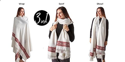 Exotic Meditation Shawl - Large Unisex Prayer Wrap, Oversize Scarf & Versatile Indian Stole Blanket - color: White
