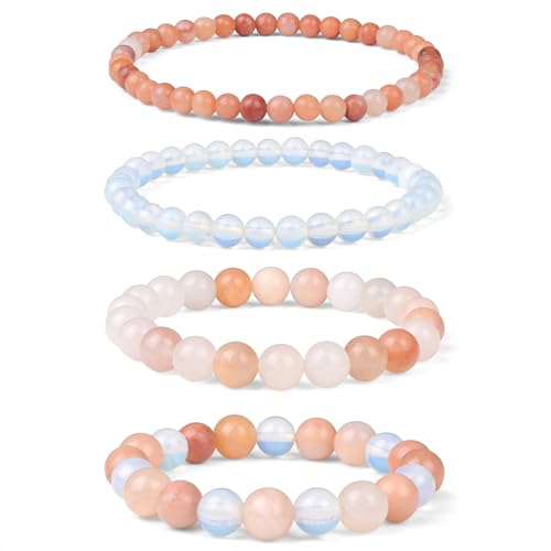 4pcs Beaded Bracelets for Women,Natural Healing Crystal Gemstones Bracelet,Anxiety Stress Relief Bracelet Handmade purple Jewelry Gifts for Women - color: Pink aventurine&Opal&Pink Crystal