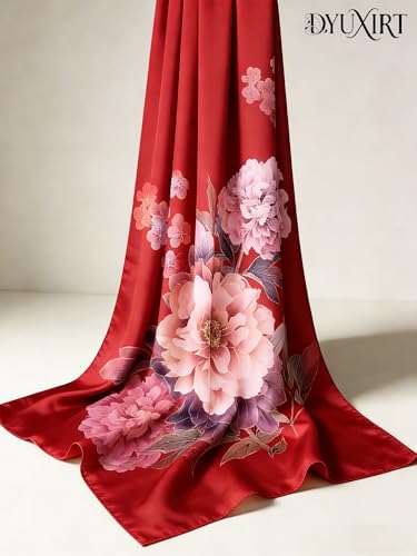 100% Mulberry Silk Oversized Women’s Sun-Shielding Shawl Formal Evening Neckwear Featherlight Airy - color: N11-crimson Peony Scarf（69" X 21"inch）