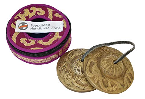 Tingsha/Tibetan Meditation Bell/Finger Cymbals with free Silk Case by Nepalese Handicraft Zone (2.8" Bronze Dragon)