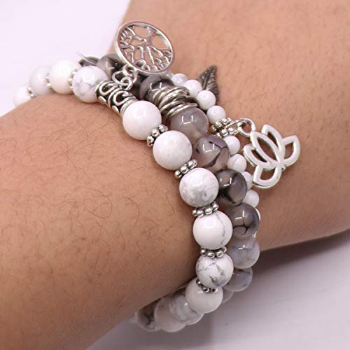 Tree of Life Yoga Healing Stone Bracelets,Multilayer Lotus Chakra Stone Reiki Bracelet Sets,Anxiety Crystal Natural Stone,for Women Stress Relief - style: White Turquoise + Dragon Pattern Stone