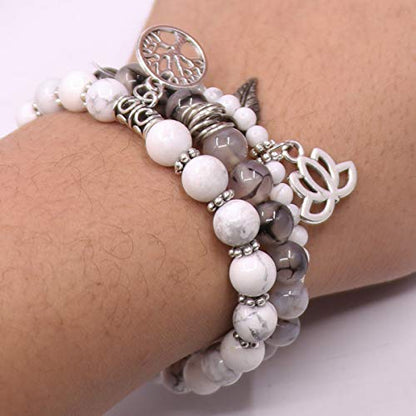 Tree of Life Yoga Healing Stone Bracelets,Multilayer Lotus Chakra Stone Reiki Bracelet Sets,Anxiety Crystal Natural Stone,for Women Stress Relief - style: White Turquoise + Dragon Pattern Stone